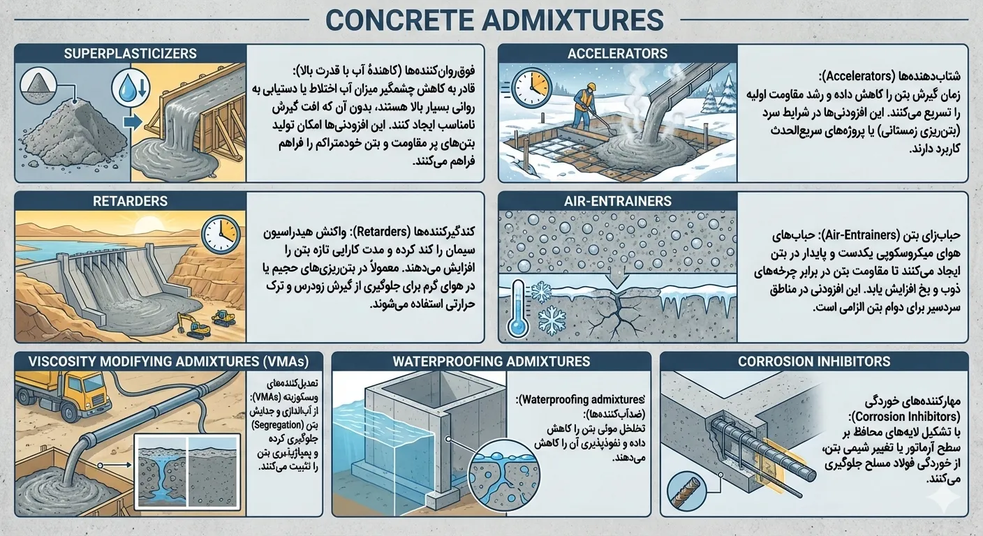 انواع افزودنی های شیمیایی بتن