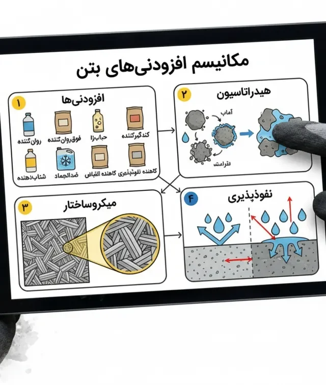 مکانیسم افزودنی‌ بتن — اثرات، هیدراتاسیون، میکروساختار و نفوذپذیری